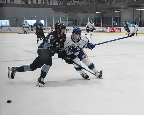 JESSICA LEE/WINNIPEG FREE PRESS

Foxx McColl (3) defends the puck while Ben Zioty (4) tries to get it.

Winnipeg ICE hosted a showcase game on September 6, 2021 which featured the players in their training camp.

Reporter: Mike S