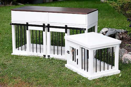 JOHN WOODS / WINNIPEG FREE PRESS
Matt and Kaelyn Proutt have started M+K Wood Co., a business that started as a cabinet supplier but now turns out custom, wooden kennels for dogs at their home workshop in Selkirk Wednesday, September 8, 2021. 

Reporter: ?
