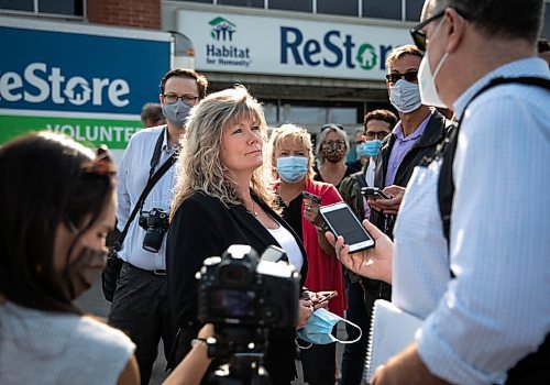JESSICA LEE/WINNIPEG FREE PRESS

Conservative candidate Shelly Glover in a media scrum following her announcement for PC provincial candidate on September 10, 2021 at Restore Winnipeg. 

Reporter: Carol