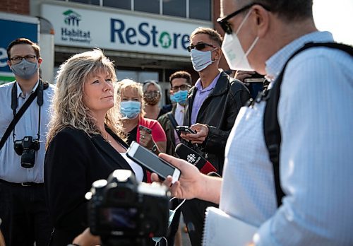 JESSICA LEE/WINNIPEG FREE PRESS

Conservative candidate Shelly Glover in a media scrum following her announcement for PC provincial candidate on September 10, 2021 at Restore Winnipeg. 

Reporter: Carol