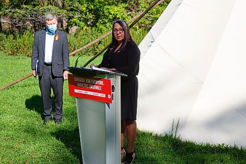 MIKE DEAL / WINNIPEG FREE PRESS
Stephanie Scott, Executive Director of the National Centre for Truth and Reconciliation speaks with a group of federal Liberal candidates who gathered at the current home of the National Centre for Truth and Reconciliation located at 177 Dysart Road on the UofM campus, Tuesday morning, to announce funding towards the construction of a permanent home for the National Centre for Truth and Reconciliation.
210914 - Tuesday, September 14, 2021.