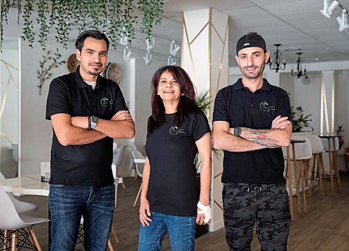 JESSICA LEE/WINNIPEG FREE PRESS
Zaytoon is a Middle Eastern restaurant located in Osborne Village in Winnipeg. The restaurant serves traditional Middle Eastern food with a twist - on the menu are Arabic twist tacos, which are tacos filled with shawarma meat.
From left to right: Huthaifa Alomari (barista), Bassma Zahran (cook) and Mohammad Watan (cook).
Reporter: Eva
