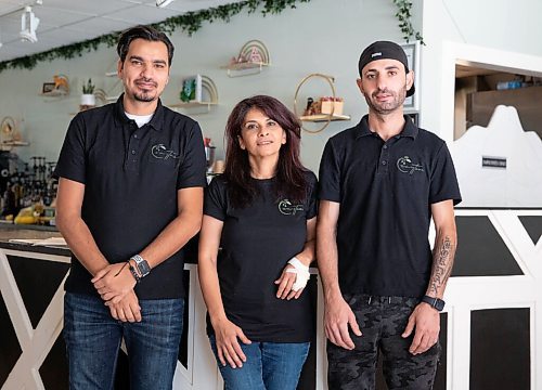 JESSICA LEE/WINNIPEG FREE PRESS

Zaytoon is a Middle Eastern restaurant located in Osborne Village in Winnipeg. The restaurant serves traditional Middle Eastern food with a twist - on the menu are Arabic twist tacos, which are tacos filled with shawarma meat.

From left to right: Huthaifa Alomari (barista), Bassma Zahran (cook) and Mohammad Watan (cook).

Reporter: Eva
