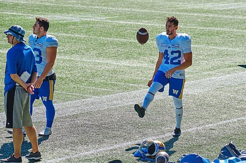 MIKE DEAL / WINNIPEG FREE PRESS
Winnipeg Blue Bombers Ali Mourtada (42) during practice at IG Field Tuesday morning.
210914 - Tuesday, September 14, 2021.