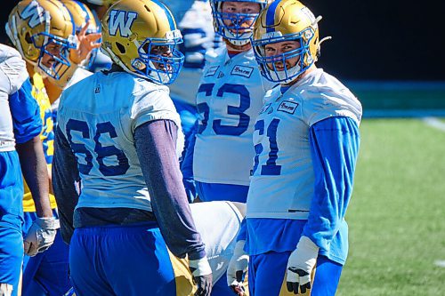 MIKE DEAL / WINNIPEG FREE PRESS
Winnipeg Blue Bombers Drew Desjarlais (61) during practice at IG Field Tuesday morning.
210914 - Tuesday, September 14, 2021.