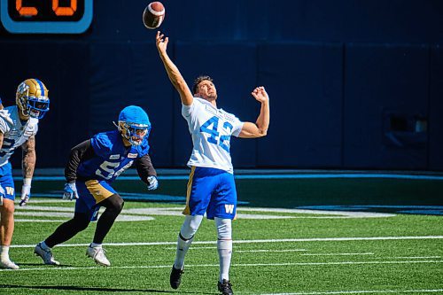 MIKE DEAL / WINNIPEG FREE PRESS
Winnipeg Blue Bombers Ali Mourtada (42) during practice at IG Field Tuesday morning.
210914 - Tuesday, September 14, 2021.