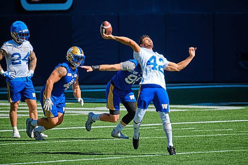 MIKE DEAL / WINNIPEG FREE PRESS
Winnipeg Blue Bombers Ali Mourtada (42) during practice at IG Field Tuesday morning.
210914 - Tuesday, September 14, 2021.