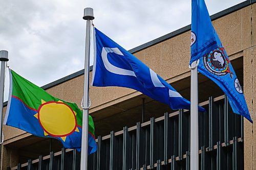 MIKE DEAL / WINNIPEG FREE PRESS
Three flags representing Treaty One First Nations, Dakota Nations, and the Métis Nation were raised at City Hall Wednesday morning and will be flying permanently as part of an ongoing commitment to reconciliation. 
210915 - Wednesday, September 15, 2021.