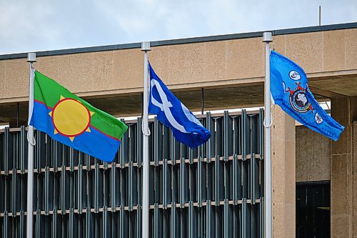 MIKE DEAL / WINNIPEG FREE PRESS
Three flags representing Treaty One First Nations, Dakota Nations, and the Métis Nation were raised at City Hall Wednesday morning and will be flying permanently as part of an ongoing commitment to reconciliation. 
210915 - Wednesday, September 15, 2021.