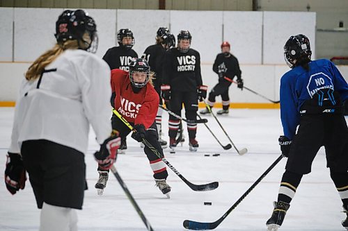 MIKE DEAL / WINNIPEG FREE PRESS
Students tryout for the College Jeanne-Sauve varsity girls hockey team at the Dakota Community Centre Thursday morning.
See Mike Sawatzky story
210916 - Thursday, September 16, 2021.