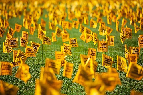Daniel Crump / Winnipeg Free Press. 6000 yellow flags wave in the wind in front of the CN stage at the Forks to bring awareness to childhood cancer. The flags were placed by volunteers from the group Madoxs Warriors. September 18, 2021.