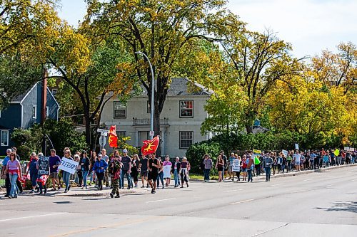 Daniel Crump / Winnipeg Free Press. Hundreds of people protesting vaccines, vaccines, and other related things, gathered at the St. Boniface cathedral before marching to the Forks and ultimately on to the Legislature. September 18, 2021.
