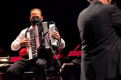 Daniel Crump / Winnipeg Free Press. Conductor Julian Pellicano plays the accordion as Winnipeg Symphony Orchestra perform Bluegrass Symphony featuring the neWSOunds. September 18, 2021.