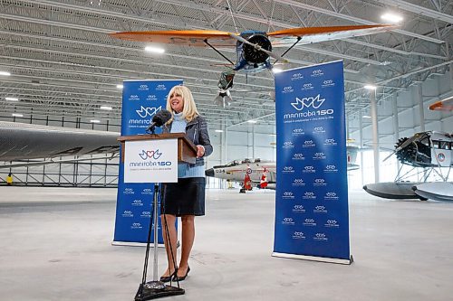 MIKE DEAL / WINNIPEG FREE PRESS
Cathy Cox speaks during the announcement.
Premier Kelvin Goertzen and Sport, Culture and Heritage Minister Cathy Cox along with Monique LaCoste and Stuart Murray, co-chairs, Manitoba 150 Host Committee announced Monday in the nearly finished Royal Aviation Museum of Western Canada at 2088 Wellington Ave that they would be providing $166,600 to Manitobas Signature Museums to help support their work to capture and preserve the provinces history.
Terry Slobodian, president, Royal Aviation Museum was also on hand for the event.
210920 - Monday, September 20, 2021.