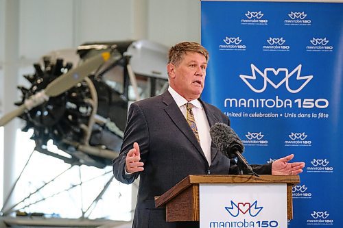 MIKE DEAL / WINNIPEG FREE PRESS
Terry Slobodian, president, Royal Aviation Museum speaks during the announcement.
Premier Kelvin Goertzen and Sport, Culture and Heritage Minister Cathy Cox along with Monique LaCoste and Stuart Murray, co-chairs, Manitoba 150 Host Committee announced Monday in the nearly finished Royal Aviation Museum of Western Canada at 2088 Wellington Ave that they would be providing $166,600 to Manitobas Signature Museums to help support their work to capture and preserve the provinces history.
Terry Slobodian, president, Royal Aviation Museum was also on hand for the event.
210920 - Monday, September 20, 2021.
