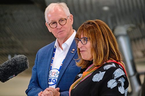 MIKE DEAL / WINNIPEG FREE PRESS
Monique LaCoste and Stuart Murray, co-chairs, Manitoba 150 Host Committee speak during the announcement.
Premier Kelvin Goertzen and Sport, Culture and Heritage Minister Cathy Cox along with Monique LaCoste and Stuart Murray, co-chairs, Manitoba 150 Host Committee announced Monday in the nearly finished Royal Aviation Museum of Western Canada at 2088 Wellington Ave that they would be providing $166,600 to Manitobas Signature Museums to help support their work to capture and preserve the provinces history.
Terry Slobodian, president, Royal Aviation Museum was also on hand for the event.
210920 - Monday, September 20, 2021.