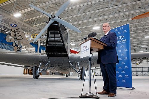 MIKE DEAL / WINNIPEG FREE PRESS
Premier Kelvin Goertzen speaks during the announcement.
Premier Kelvin Goertzen and Sport, Culture and Heritage Minister Cathy Cox along with Monique LaCoste and Stuart Murray, co-chairs, Manitoba 150 Host Committee announced Monday in the nearly finished Royal Aviation Museum of Western Canada at 2088 Wellington Ave that they would be providing $166,600 to Manitobas Signature Museums to help support their work to capture and preserve the provinces history.
Terry Slobodian, president, Royal Aviation Museum was also on hand for the event.
210920 - Monday, September 20, 2021.