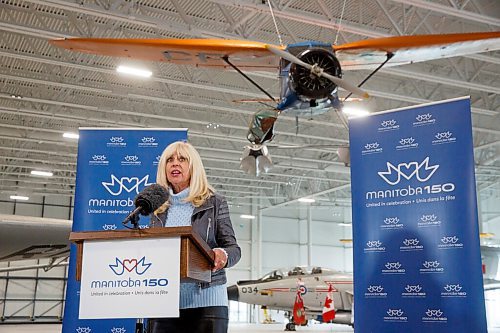 MIKE DEAL / WINNIPEG FREE PRESS
Cathy Cox speaks during the announcement.
Premier Kelvin Goertzen and Sport, Culture and Heritage Minister Cathy Cox along with Monique LaCoste and Stuart Murray, co-chairs, Manitoba 150 Host Committee announced Monday in the nearly finished Royal Aviation Museum of Western Canada at 2088 Wellington Ave that they would be providing $166,600 to Manitobas Signature Museums to help support their work to capture and preserve the provinces history.
Terry Slobodian, president, Royal Aviation Museum was also on hand for the event.
210920 - Monday, September 20, 2021.