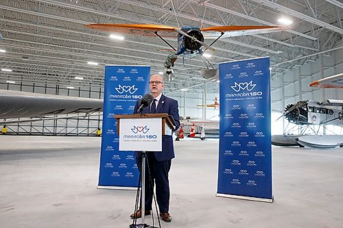 MIKE DEAL / WINNIPEG FREE PRESS
Premier Kelvin Goertzen speaks during the announcement.
Premier Kelvin Goertzen and Sport, Culture and Heritage Minister Cathy Cox along with Monique LaCoste and Stuart Murray, co-chairs, Manitoba 150 Host Committee announced Monday in the nearly finished Royal Aviation Museum of Western Canada at 2088 Wellington Ave that they would be providing $166,600 to Manitobas Signature Museums to help support their work to capture and preserve the provinces history.
Terry Slobodian, president, Royal Aviation Museum was also on hand for the event.
210920 - Monday, September 20, 2021.