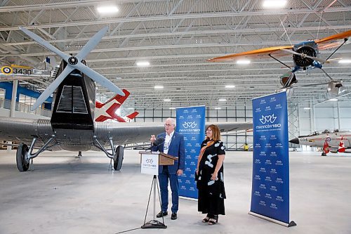 MIKE DEAL / WINNIPEG FREE PRESS
Monique LaCoste and Stuart Murray, co-chairs, Manitoba 150 Host Committee speak during the announcement.
Premier Kelvin Goertzen and Sport, Culture and Heritage Minister Cathy Cox along with Monique LaCoste and Stuart Murray, co-chairs, Manitoba 150 Host Committee announced Monday in the nearly finished Royal Aviation Museum of Western Canada at 2088 Wellington Ave that they would be providing $166,600 to Manitobas Signature Museums to help support their work to capture and preserve the provinces history.
Terry Slobodian, president, Royal Aviation Museum was also on hand for the event.
210920 - Monday, September 20, 2021.
