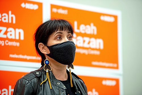 MIKE SUDOMA / Winnipeg Free Press
Re-elected NDP MP for Winnipeg Centre, Leah Gazan, answers media questions at her campaign headquarters Monday night
September 20, 2021