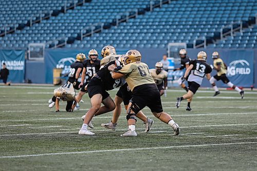 JESSICA LEE / WINNIPEG FREE PRESS

Bisons offensive lineman Matteo Vaccaro (67) tackles another player on September 22, 2021 at a practice at IG Field.

Reporter: Mike S.
