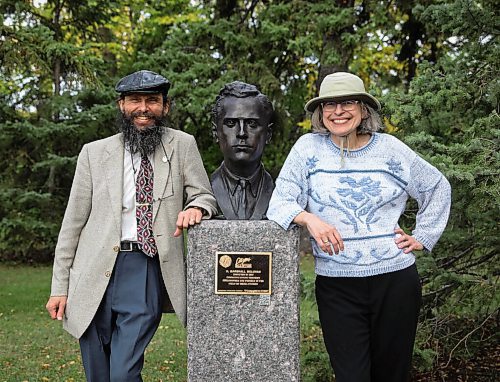JESSICA LEE / WINNIPEG FREE PRESS

Howard R. Engel, Founding Director and CEO of The Marshall McLuhan Initiative and wife Esther Juce pose for a photo at the installation of the bronze bust of Marshall McLuhan at the Winnipeg Citizens Hall of Fame in Assiniboine Park.

They were exploring the Winnipeg Citizens Hall of Fame in 2015 when they had an idea to submit a proposal for Marshall McLuhans bust to be included.

Herbert Marshall McLuhan (1911-1980), a philosopher on media was born in Edmonton and raised in Winnipeg. He studied at the University of Manitoba before teaching as professor at universities in the United States and Canada.