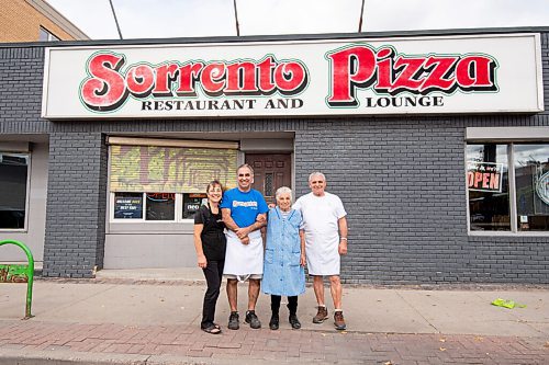 MIKE SUDOMA / Winnipeg Free Press
Gerry Lomonaco (centre left) owner of the Sorrentos location on Ellice Ave, with his mom, Antoinetta (middle right), sister, Bri DOttavio (left), and brother, Alfonso stand in front of the Ellice Avenue location Friday afternoon
September 24, 2021