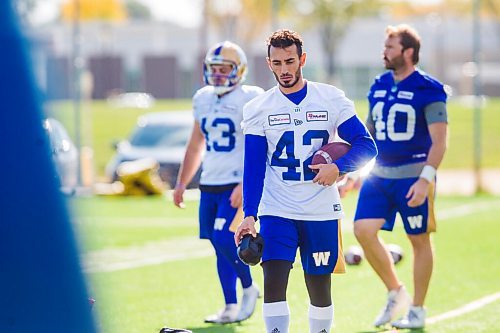 MIKAELA MACKENZIE / WINNIPEG FREE PRESS

Kicker Ali Mourtada (42) at Bombers practice in Winnipeg on Monday, Sept. 27, 2021.  For Taylor Allen story.
Winnipeg Free Press 2021.