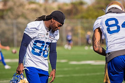 MIKAELA MACKENZIE / WINNIPEG FREE PRESS

Janarion Grant (80) at Bombers practice in Winnipeg on Monday, Sept. 27, 2021.  For Taylor Allen story.
Winnipeg Free Press 2021.