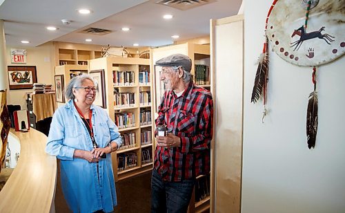 MIKE DEAL / WINNIPEG FREE PRESS
Language activists Pat Ningewance (left) and Roger Roulette (right) at the Manitoba Indigenous Cultural Education Centre, 119 Sutherland, Tuesday afternoon.
See Ben Waldman story
210928 - Tuesday, September 28, 2021.