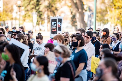 MIKE SUDOMA / Winnipeg Free Press
Womens rights advocates hold up signs on the grounds of the Manitoba Legislature Saturday afternoon
October 2, 2021