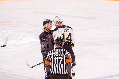 MIKE SUDOMA / Winnipeg Free Press
Ice Defence, Karter Prosofsky gets into it with Brandon Wheat Kings defence, Vincent Iorio during their 2nd period of play Saturday evening
October 2, 2021