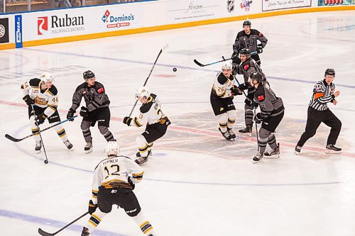 MIKE SUDOMA / Winnipeg Free Press
The puck gets flung into the air as the Winnipeg Ice make their way down the ice during the third period of their against the Brandon Wheat Kings Saturday evening
October 2, 2021