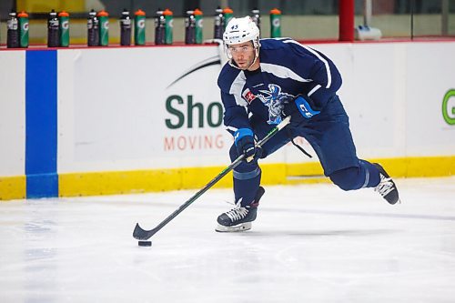 MIKE DEAL / WINNIPEG FREE PRESS
Manitoba Moose' Colt Conrad (45) during practice at MTS Iceplex Monday morning.
211004 - Monday, October 04, 2021.