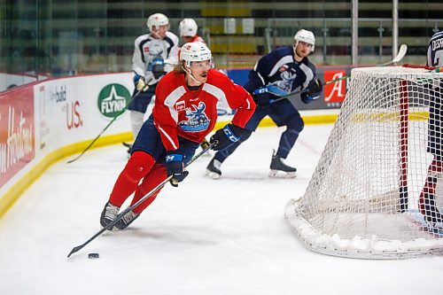 MIKE DEAL / WINNIPEG FREE PRESS
Manitoba Moose' Dean Stewart (2) during practice at MTS Iceplex Monday morning.
211004 - Monday, October 04, 2021.