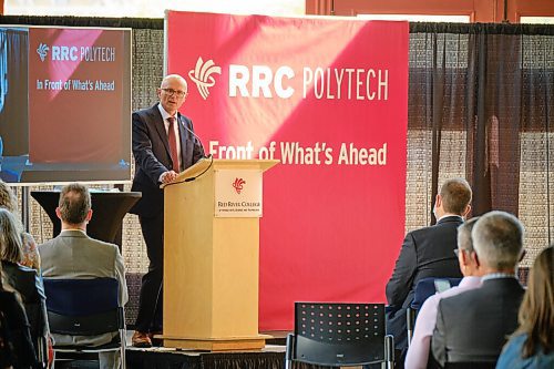 MIKE DEAL / WINNIPEG FREE PRESS
Fred Meier, President and CEO, Red River College, unveils the new name (Red River College Polytechnic) and logo of the institution which established in the mid-1930s as, The Industrial Vocational Education Centre.
211005 - Tuesday, October 05, 2021.