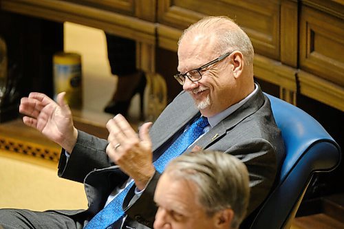 MIKE DEAL / WINNIPEG FREE PRESS
Premier Kelvin Goertzen smiles after speaking during question period.
Premier Kelvin Goertzen and Opposition leader Wab Kinew along with about two-thirds of the MLA's attend the start of a very short session of the legislative assembly Wednesday afternoon. There will be two more days this week and three next week before the end of the session so that the governing Conservative party can elect a new leader who will become the next Premier at the end of the month.
211006 - Wednesday, October 06, 2021.