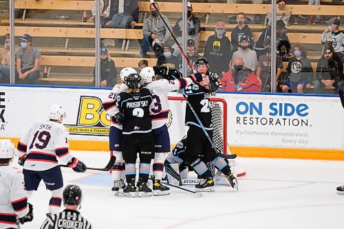 Daniel Crump / Winnipeg Free Press. Some rough stuff in front of the Winnipeg goal late in the third period as the Ice lead 5-2. Winnipeg Ice vs. Regina Pats at Wayne Fleming Arena at the University of Manitoba, Winnipeg. October 6, 2021.