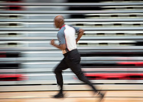 MIKE SUDOMA / Winnipeg Free Press
Longtime referee and former Brandon University Bobcat Basketball player, Earl Roverts, runs up and down the court, following game play as the University Wesmen take on the Brandond University Bobcats Friday afternoon
October 8, 2021