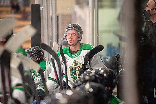 MIKE SUDOMA / Winnipeg Free Press
Winnipeg Ice takes on the Prince Albert Raiders centre, Reece Vitelli, watches nervously from the bench as the Winnipeg Ice take a shot on the Raiders net Saturday night at Wayne Fleming Arena
October 8, 2021