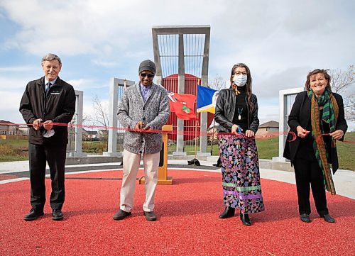 JESSICA LEE / WINNIPEG FREE PRESS

From left to right: MP Terry Duguid, Khawja Latif, President of Manitoba Bangladesh Bhaban Corporation, Sheryl McCorrister, Principal of South East Collegiate and Councillor Janice Lukes cut the ribbon on October 12, 2021 at the new International Mother Language Plaza at Kirkbridge Park. The plaza has a medicine wheel which acknowledges the sites location on Treaty 1 territory and was initiated by the Manitoba Bangladesh Bhaban Corporation. The plaza acknowledges that many cultures have struggled to fight for their linguistic rights and freedoms.

Reporter: Melissa



