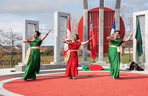 JESSICA LEE / WINNIPEG FREE PRESS

Dancers Noshin Raisa Azad, Mishu Islam and Nuzhat Subah at the ribbon cutting ceremony of the new International Mother Language Plaza at Kirkbridge Park on October 12, 2021. The plaza has a medicine wheel which acknowledges the sites location on Treaty 1 territory and was initiated by the Manitoba Bangladesh Bhaban Corporation. The plaza acknowledges that many cultures have struggled to fight for their linguistic rights and freedoms.

Reporter: Melissa


