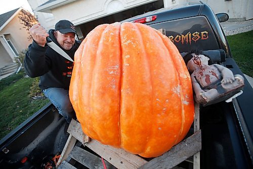 JOHN WOODS / WINNIPEG FREE PRESS
Chris Okell prepares to carve up one of his 500 lb pumpkins at his home in Winnipeg Tuesday, October 19, 2021. Okell raises money for Cancer Care.

Reporter: Piche