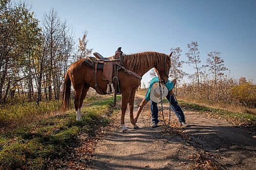 JESSICA LEE / WINNIPEG FREE PRESS

Keith Tacan of the Sioux Valley Dakota Nation Unity Riders leads his horse Kodiak during a pit stop during the annual Kidney Walk and Ride on October 10, 2021. 

Reporter: Melissa
