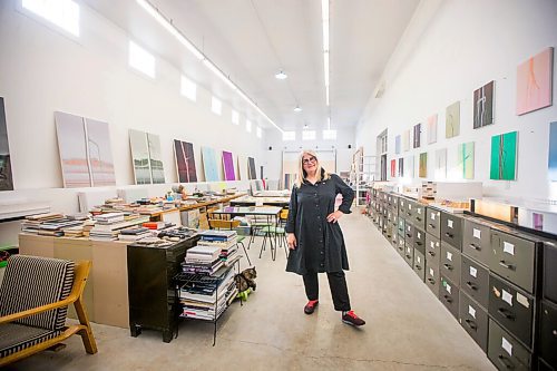 MIKAELA MACKENZIE / WINNIPEG FREE PRESS

Wanda Koop poses for a portrait among new works (inspired by the dead poplars around her cabin, where she created the paintings) in her studio in Winnipeg on Thursday, Oct. 21, 2021. For Al Small story.
Winnipeg Free Press 2021.