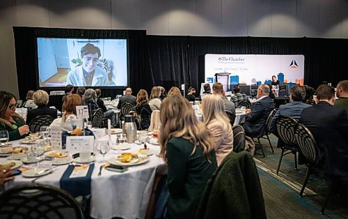 JESSICA LEE / WINNIPEG FREE PRESS

Winnipeg Chamber of Commerce Chair Liz Choi (right), chats virtually with keynote speaker Liz Bertorelli, social media lead of TikTok Canada, who called in from Toronto, at the chambers first in-person luncheon since 2020 at RBC Convention Centre on October 22, 2021.





