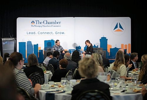 JESSICA LEE / WINNIPEG FREE PRESS

Winnipeg Chamber of Commerce Chair Liz Choi (right), chats with Kyle Romaniuk, Principal from Vantage Studios at the chambers first in-person luncheon since 2020 at RBC Convention Centre on October 22, 2021.







