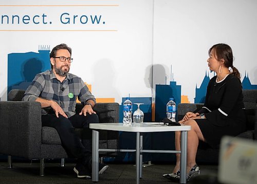 JESSICA LEE / WINNIPEG FREE PRESS

Winnipeg Chamber of Commerce Chair Liz Choi (right), chats with Kyle Romaniuk, Principal from Vantage Studios at the chambers first in-person luncheon since 2020 at RBC Convention Centre on October 22, 2021.






