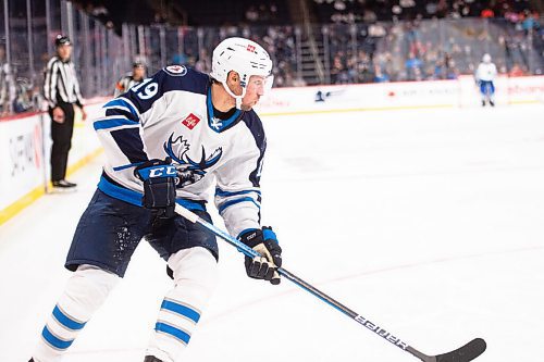 MIKE SUDOMA / Winnipeg Free Press
Moose centre, David Gustafsson, makes his down the ice as they take on the Grand Rapids Griffins at Canada Life Place Friday night
October 22, 2021